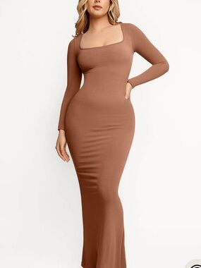 Popilush Shapewear Square Neck Long Sleeve Slimming Modal Maxi Dress